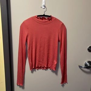 Coral Ribbed Lettuce Neck and Sleeve Shirt